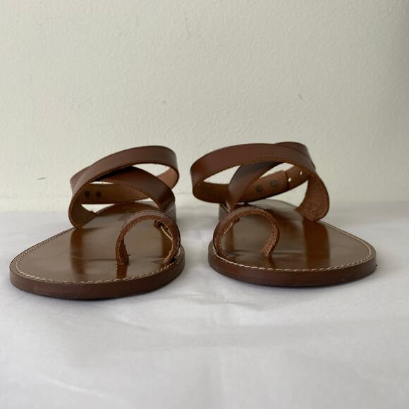 J. Crew Leather Ankle Wrap Sandals Size 10.5 Tan Brown Flat Minimalist Neutral - Picture 5 of 10